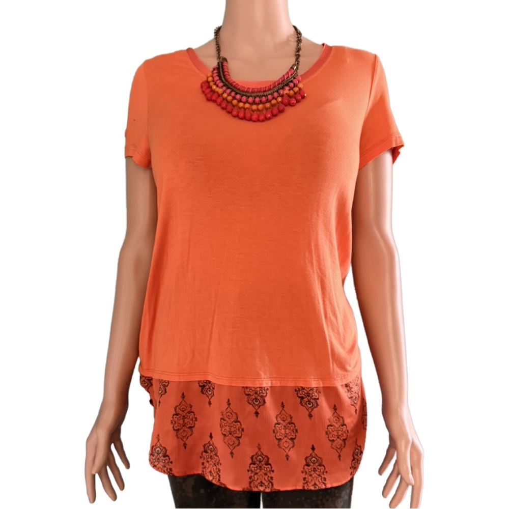Merona Orange Short Sleeve Top with Patterned Hem Layered Look